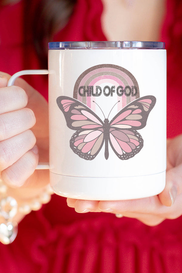 Child of God Butterfly Rainbow Stainless Steel Coffee Travel Cup with vibrant design and double wall insulation.