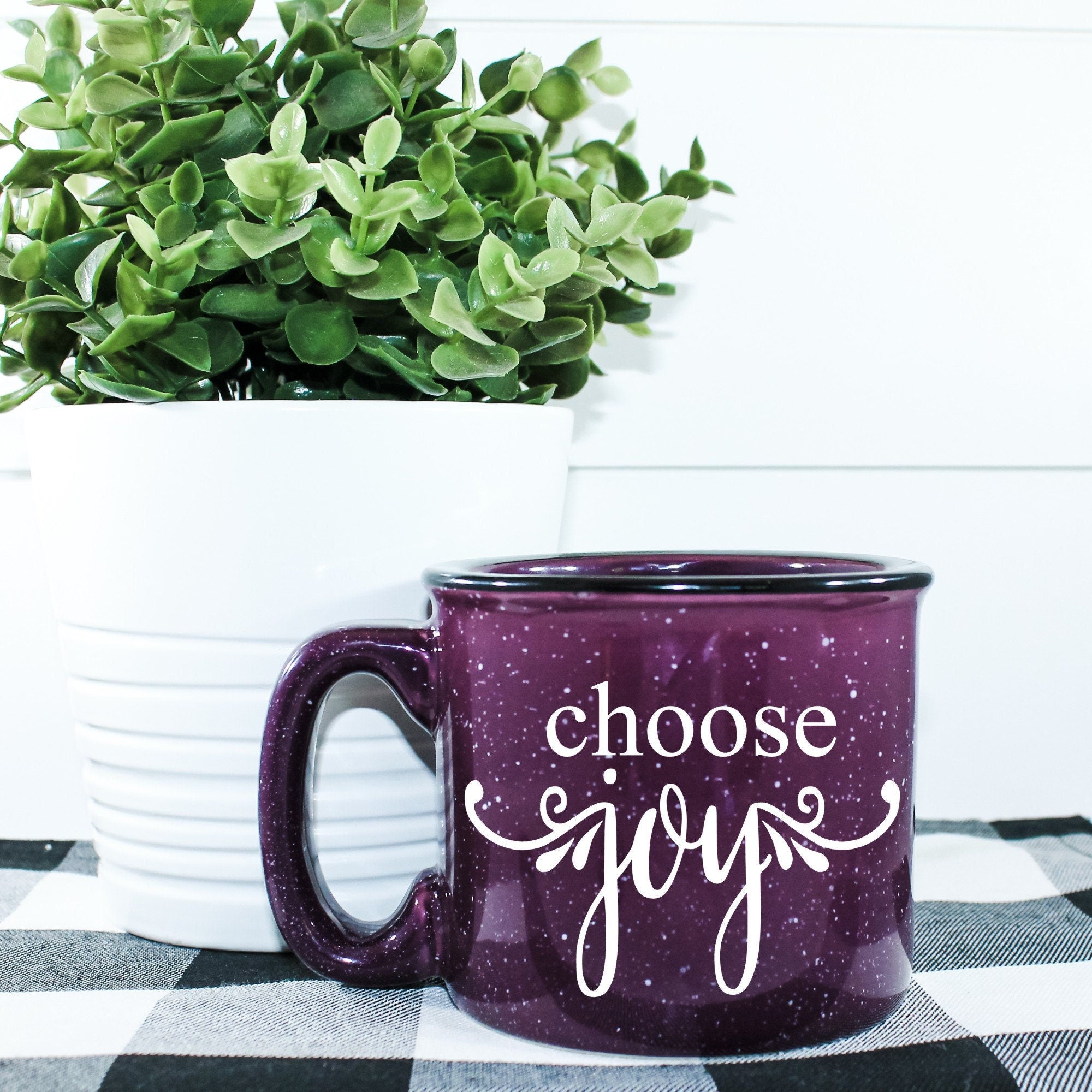 Choose Joy Campfire Mug in ceramic with a joyful design, perfect for outdoor use and cozy settings.