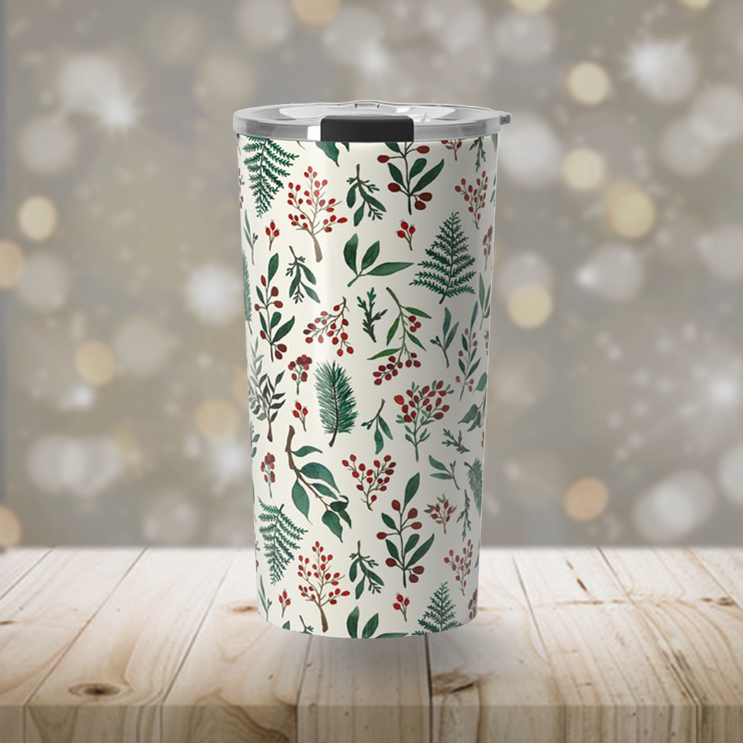 A festive Christmas Berries Travel Mug featuring vibrant berry artwork, made of durable stainless steel with a double-walled design.