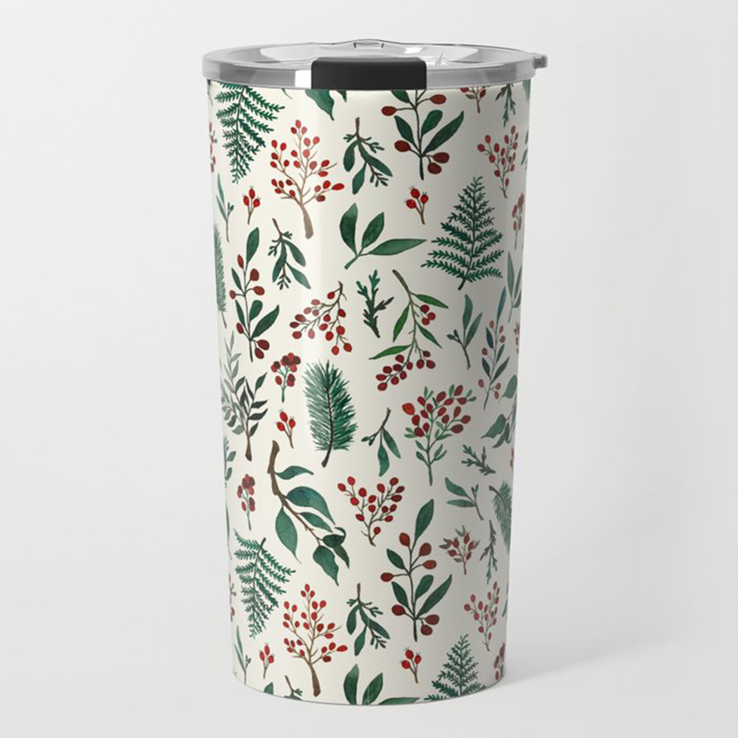 A festive Christmas Berries Travel Mug featuring vibrant berry artwork, made of durable stainless steel with a double-walled design.