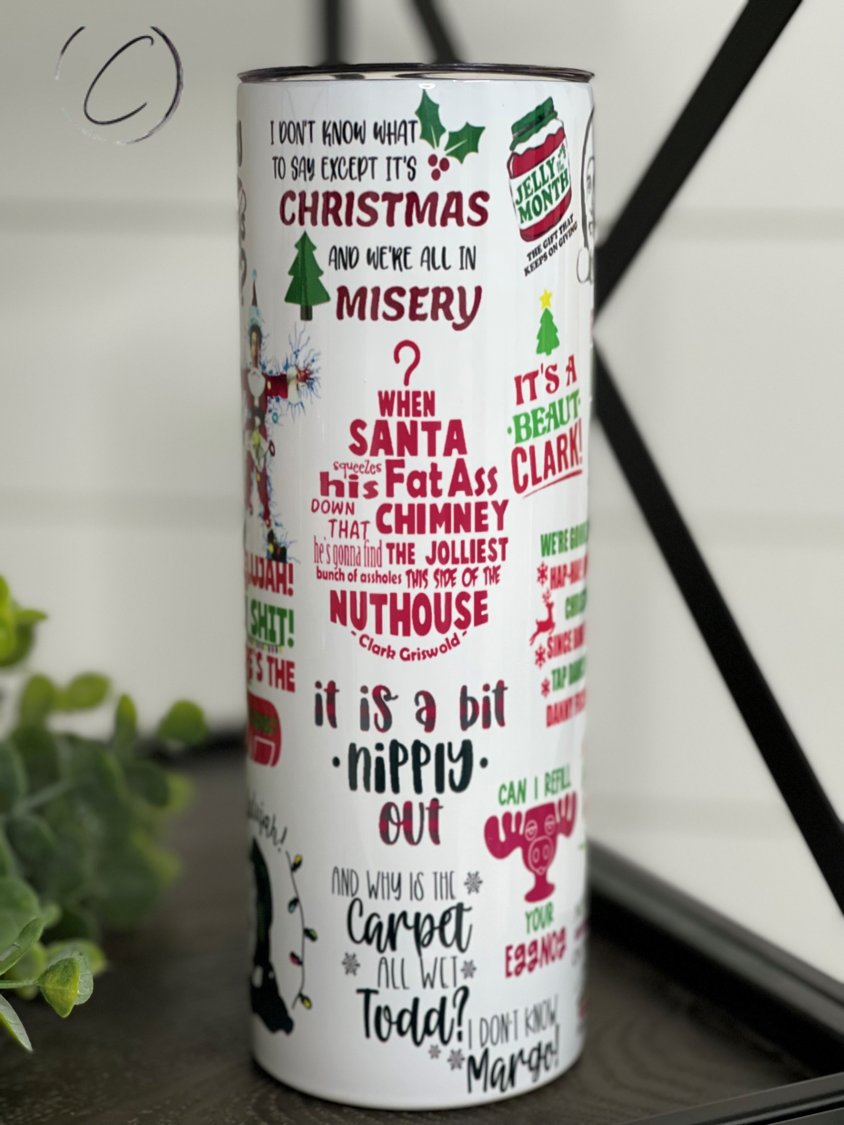 Christmas Vacation 20oz Skinny Tumbler featuring a festive design, reusable straw, and durable construction.