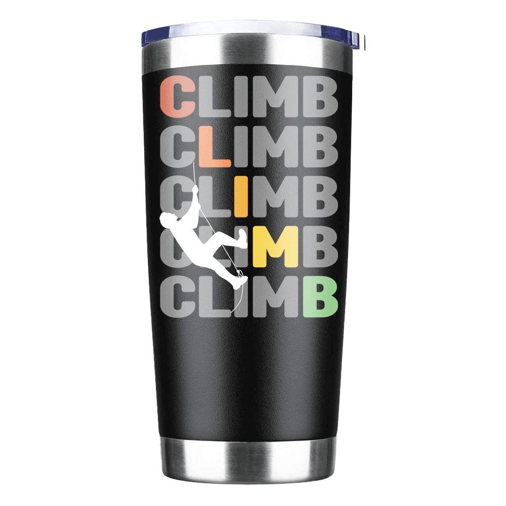 Climbbbbb 20oz Insulated Vacuum Sealed Tumbler in stainless steel with vibrant UV-printed design, showcasing its double-walled insulation and splash-proof lid.