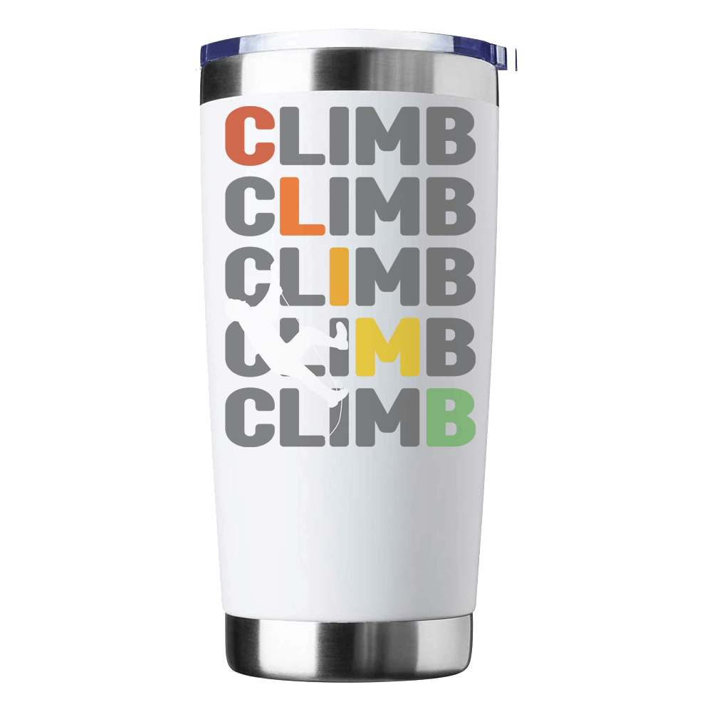 Climbbbbb 20oz Insulated Vacuum Sealed Tumbler in stainless steel with vibrant UV-printed design, showcasing its double-walled insulation and splash-proof lid.