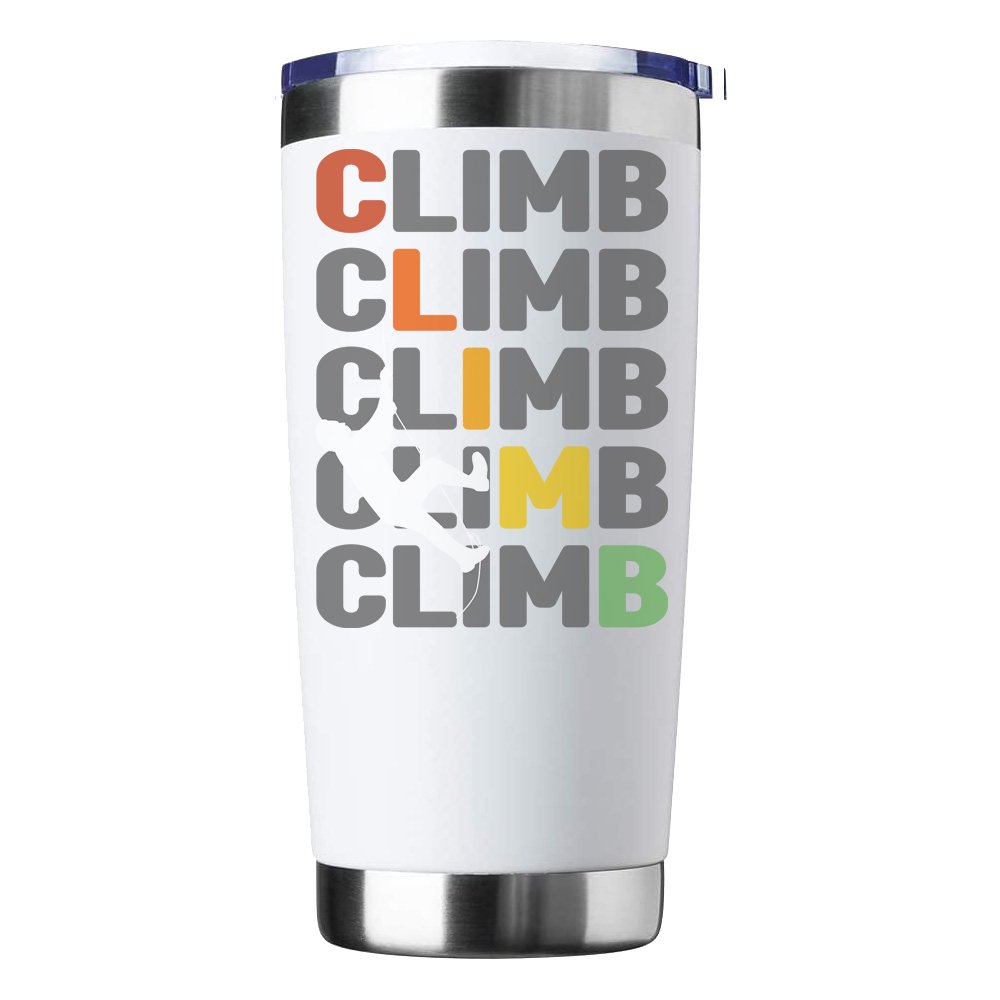 Climbbbbb 20oz Insulated Vacuum Sealed Tumbler in stainless steel with vibrant UV-printed design, showcasing its double-walled insulation and splash-proof lid.