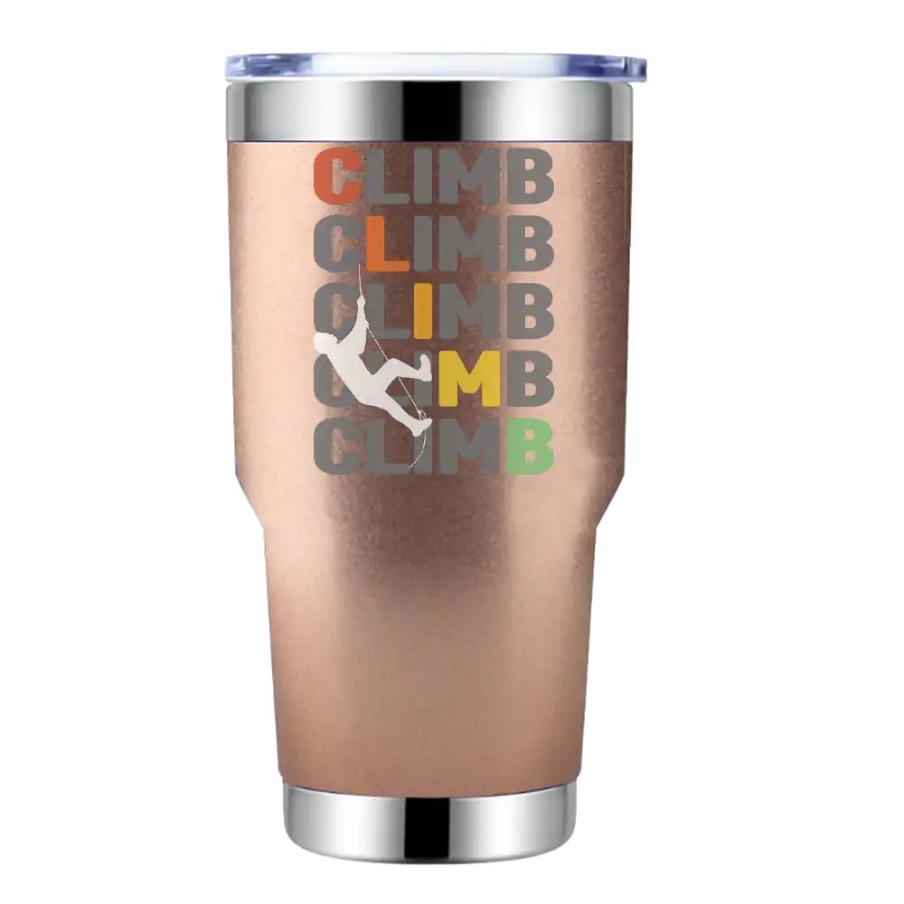 Climmmmmb 30oz insulated vacuum sealed tumbler in vibrant colors, showcasing its stainless steel design and leak-proof cap.