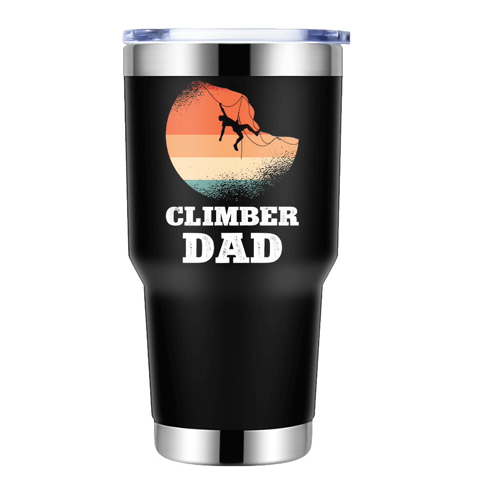 Climber Dad 30oz Insulated Vacuum Sealed Tumbler in vibrant colors, showcasing its stainless steel design and leak-proof cap.