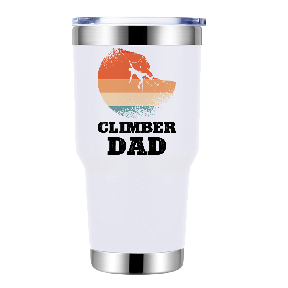 Climber Dad 30oz Insulated Vacuum Sealed Tumbler in vibrant colors, showcasing its stainless steel design and leak-proof cap.