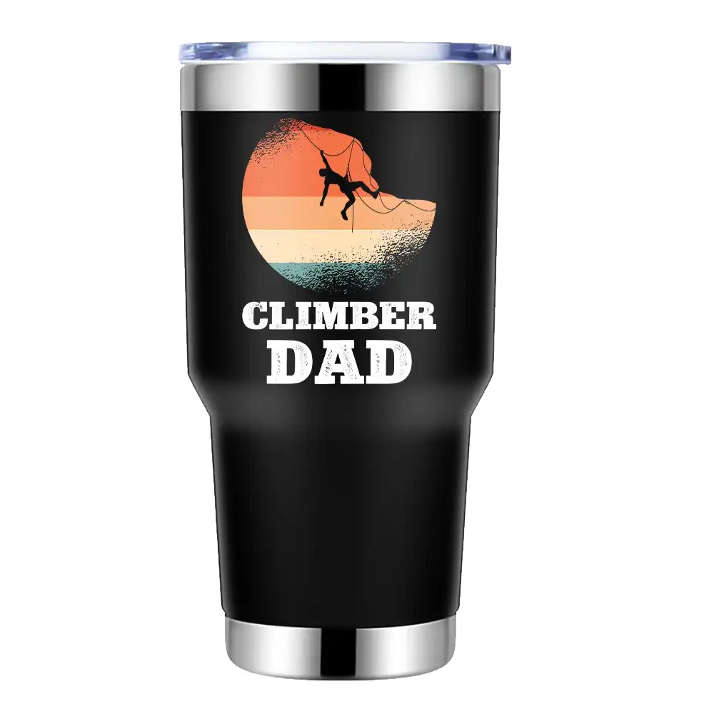 Climber Dad 30oz Insulated Vacuum Sealed Tumbler in vibrant colors, showcasing its stainless steel design and leak-proof cap.