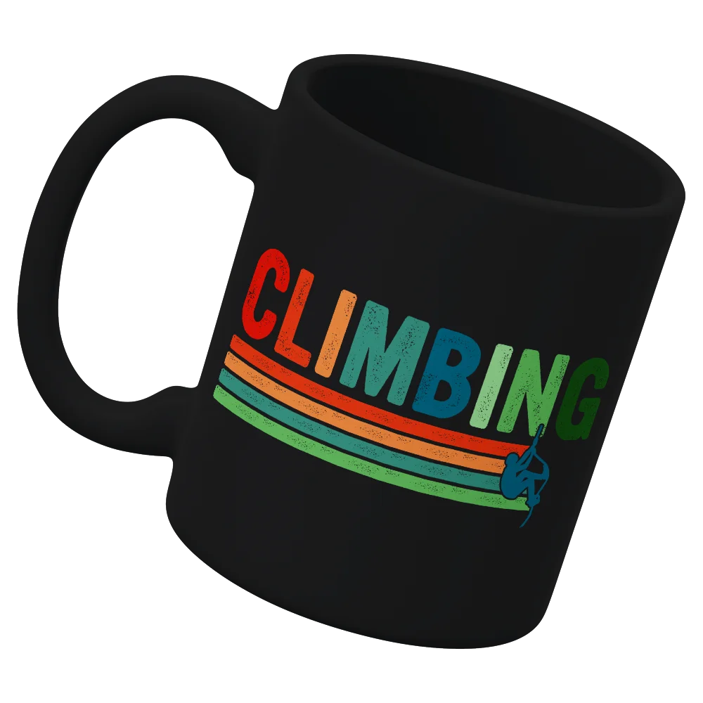 Climbing 11oz Mug with UV printed design, showcasing its sturdy ceramic build and glazed finish, perfect for outdoor adventures.