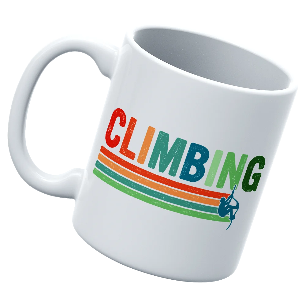 Climbing 11oz Mug with UV printed design, showcasing its sturdy ceramic build and glazed finish, perfect for outdoor adventures.