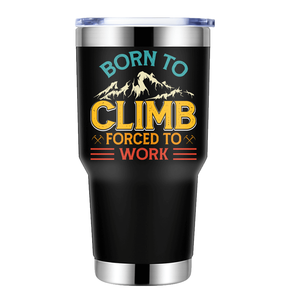 Climbing Born To Climb 30oz insulated stainless steel bottle with vibrant colors and a bowling pin shape, perfect for hot and cold drinks.