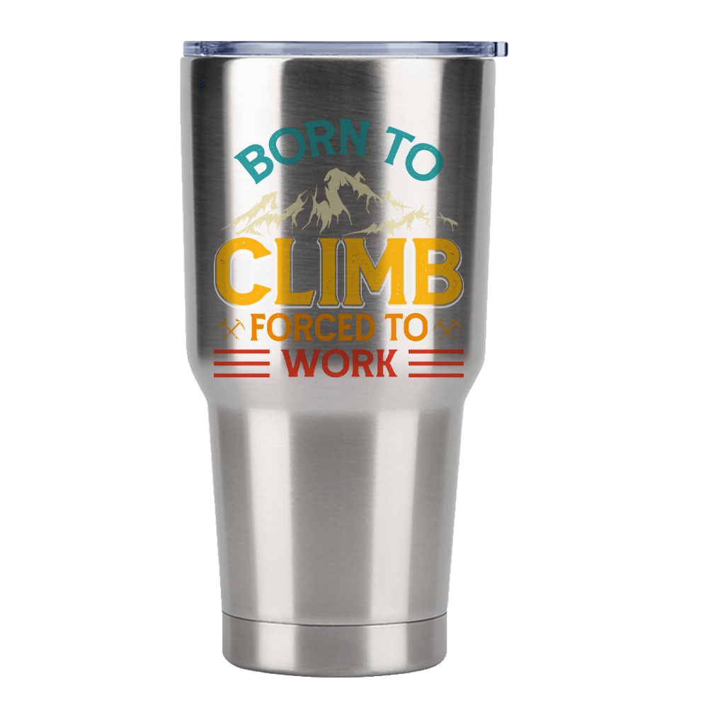 Climbing Born To Climb 30oz insulated stainless steel bottle with vibrant colors and a bowling pin shape, perfect for hot and cold drinks.