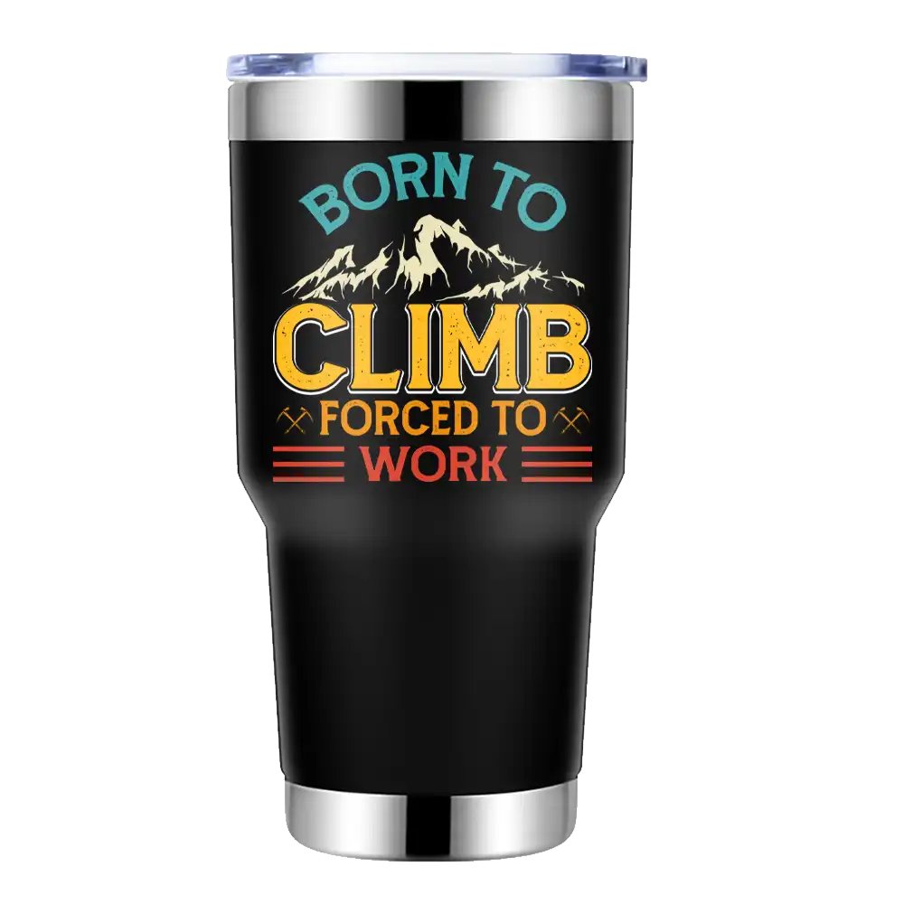 Climbing Born To Climb 30oz insulated stainless steel bottle with vibrant colors and a bowling pin shape, perfect for hot and cold drinks.