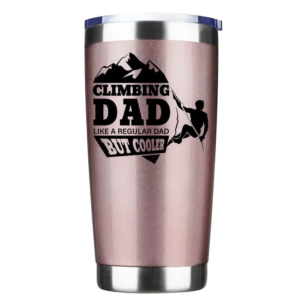 Climbing Dad 20oz Insulated Vacuum Sealed Tumbler in stainless steel with UV-printed design, showcasing its double-walled insulation and splash-proof lid.