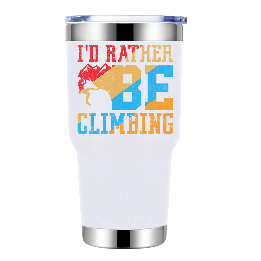 Climbing I'd Rather Be Climbing 30oz Insulated Vacuum Sealed Tumbler in vibrant colors, showcasing its stainless steel design and leak-proof cap.