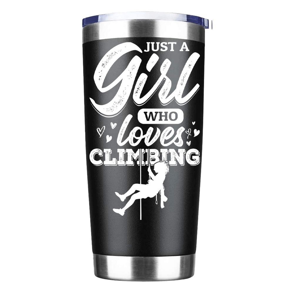 20oz insulated tumbler featuring a climbing design, perfect for hot or cold beverages, with a splash-proof lid and durable stainless steel construction.