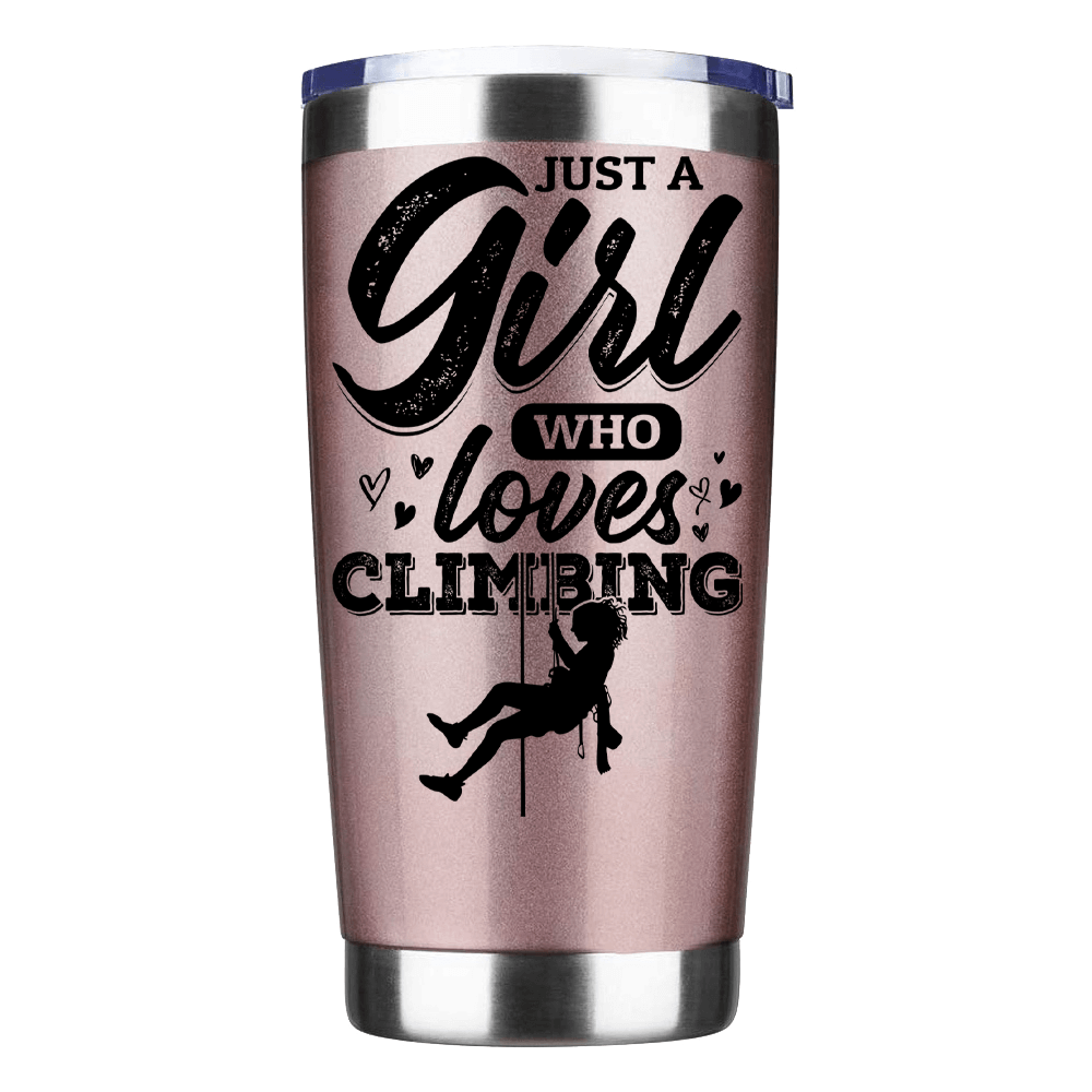 20oz insulated tumbler featuring a climbing design, perfect for hot or cold beverages, with a splash-proof lid and durable stainless steel construction.