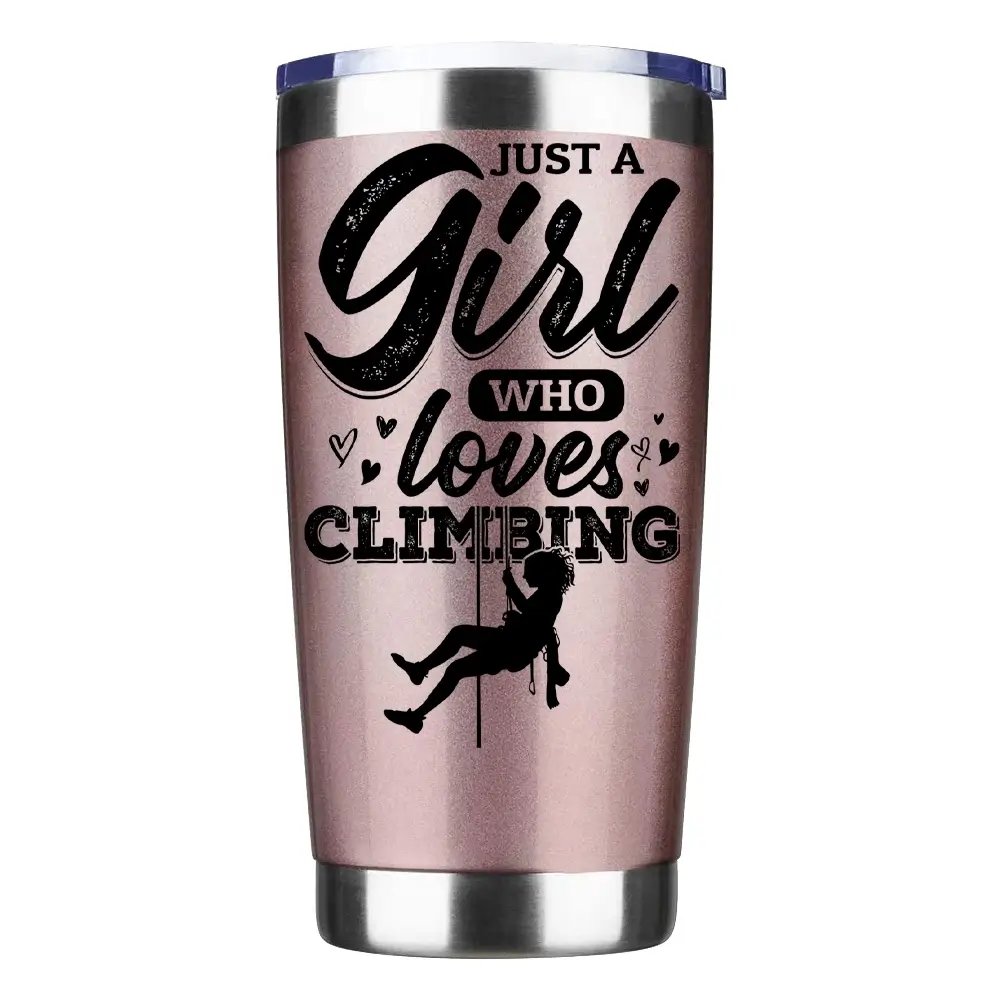 20oz insulated tumbler featuring a climbing design, perfect for hot or cold beverages, with a splash-proof lid and durable stainless steel construction.