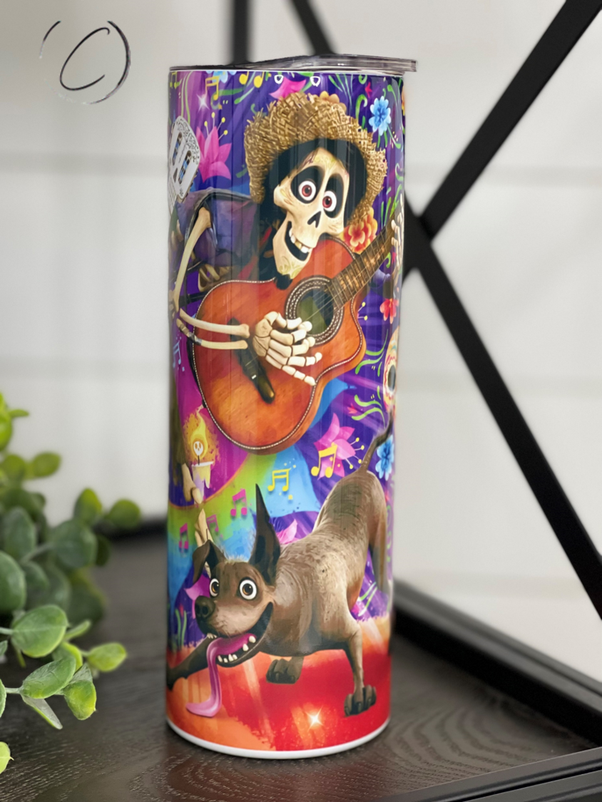 Coco 20oz Skinny Tumbler with a vibrant full wrap design, featuring a reusable straw and a sleek, durable finish.