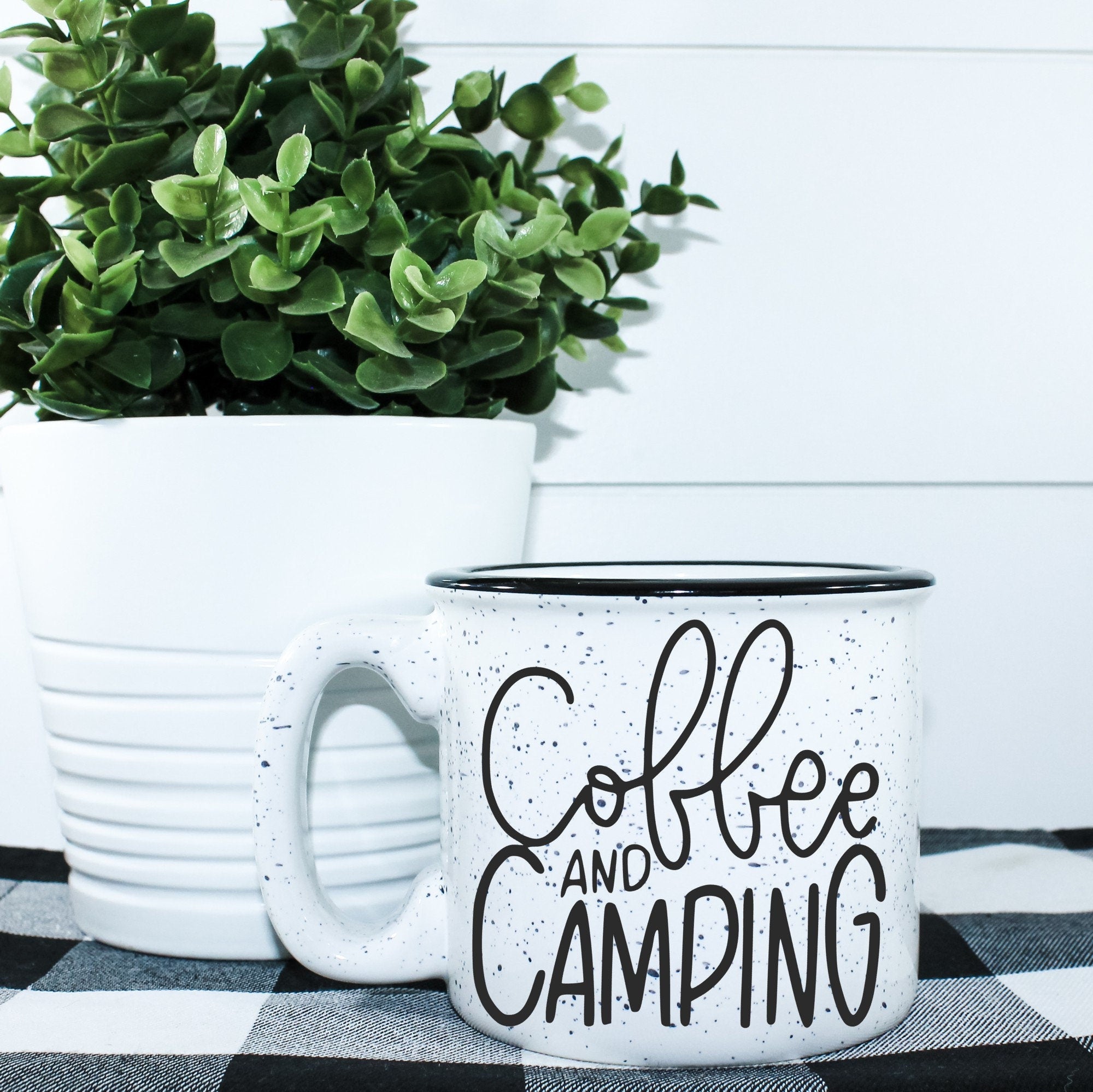 Ceramic Coffee And Camping Campfire Mug with outdoor vinyl design, perfect for camping and outdoor use.