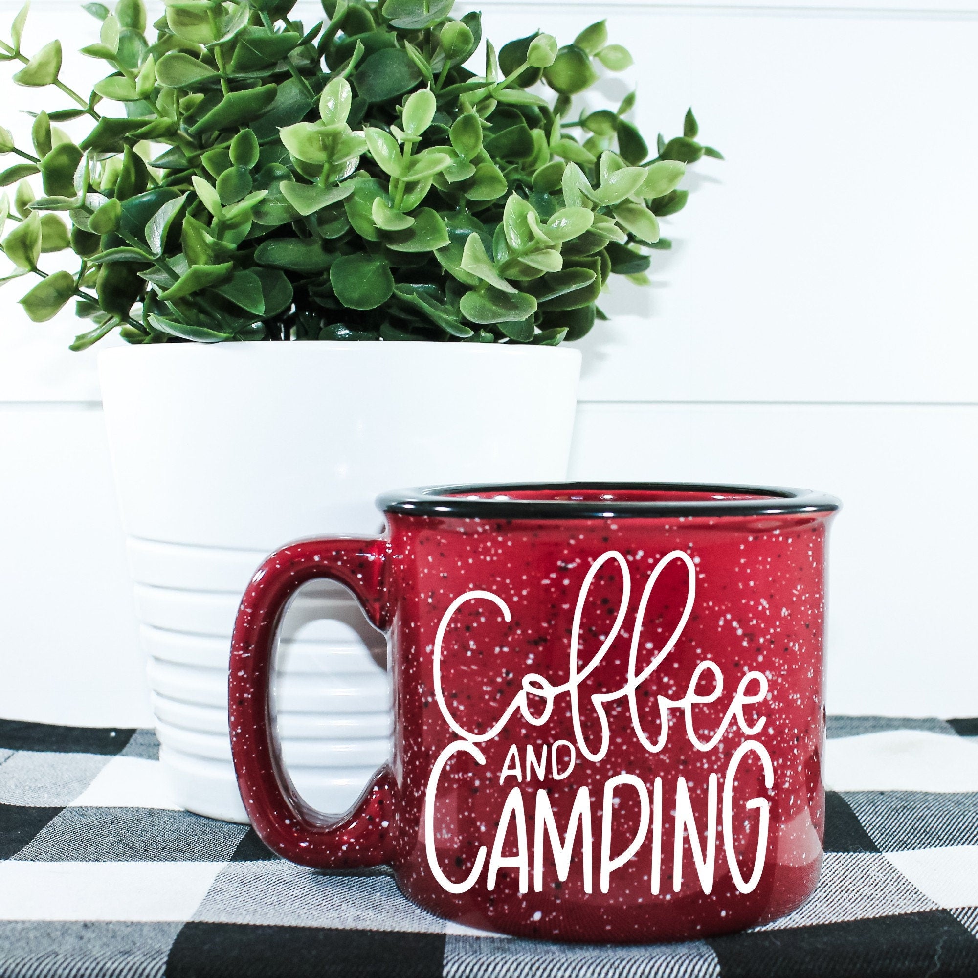 Ceramic Coffee And Camping Campfire Mug with outdoor vinyl design, perfect for camping and outdoor use.