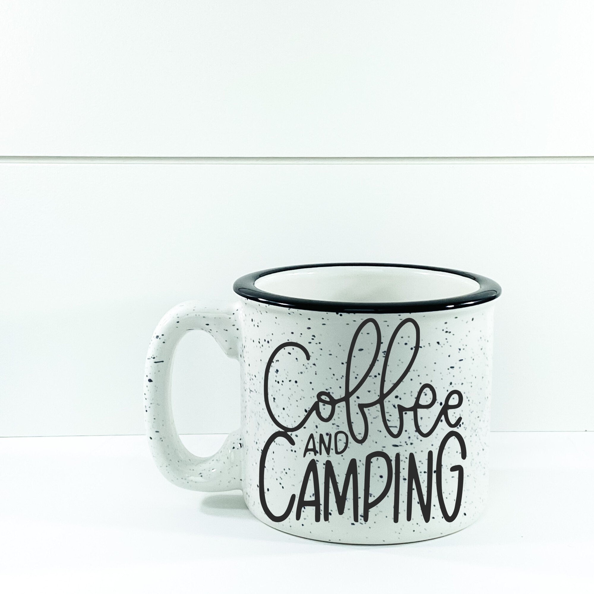 Ceramic Coffee And Camping Campfire Mug with outdoor vinyl design, perfect for camping and outdoor use.