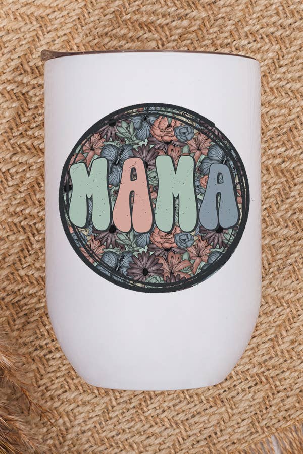 Colored Mama Black Circle Wine Cup Tumbler with vibrant design, stainless steel body, and included lid and straw.