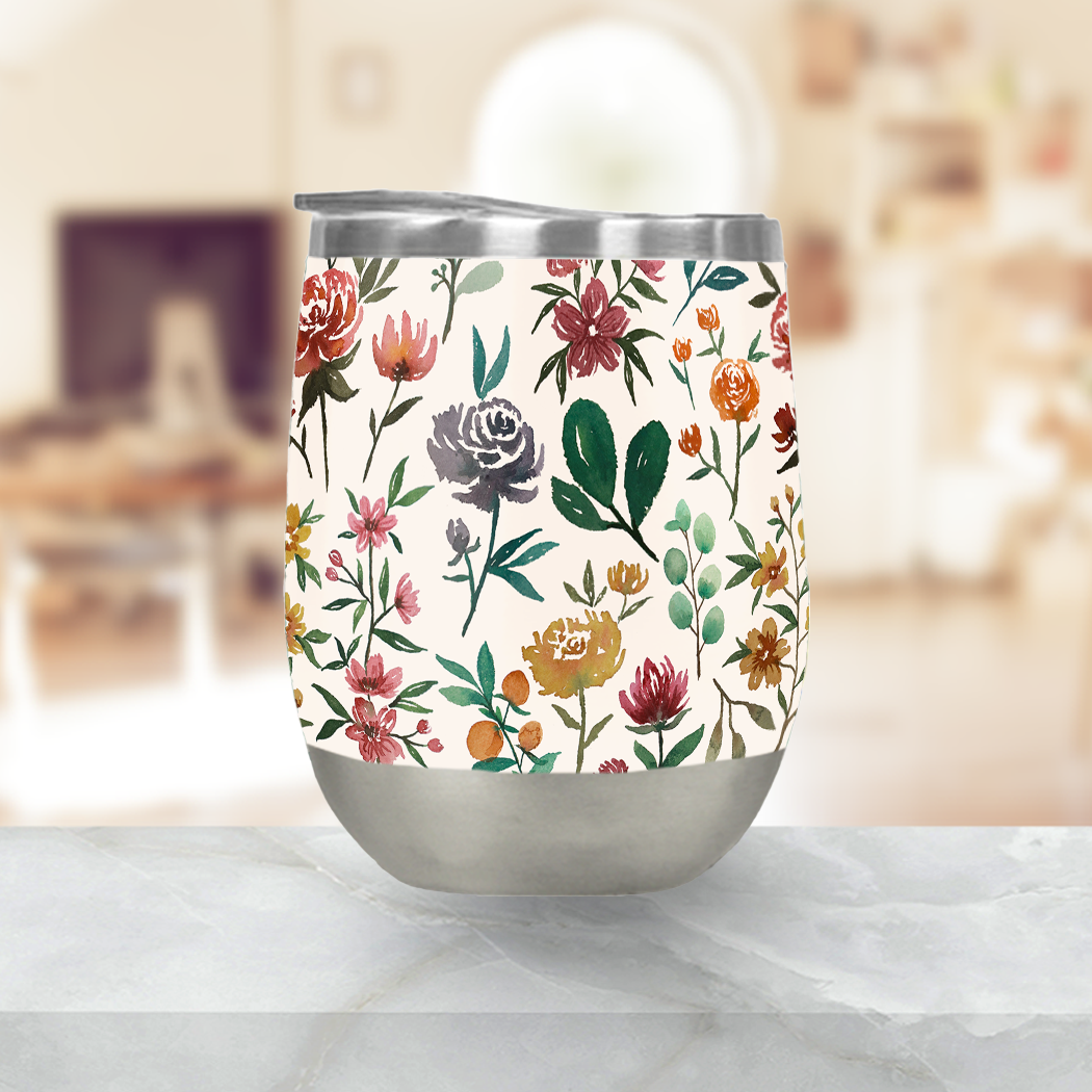 Colorful Watercolor Flowers Stemless Wine Tumbler with vibrant floral design, perfect for outdoor use.