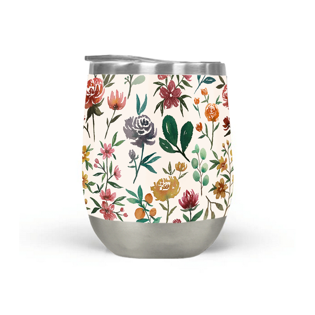 Colorful Watercolor Flowers Stemless Wine Tumbler with vibrant floral design, perfect for outdoor use.