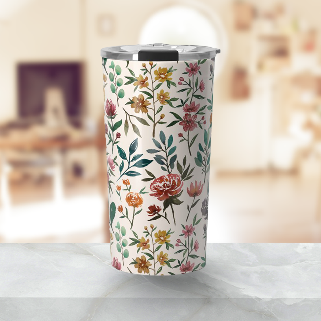 Colorful Watercolor Flowers Travel Mug featuring vibrant floral design on a stainless steel body, perfect for hot and cold beverages.