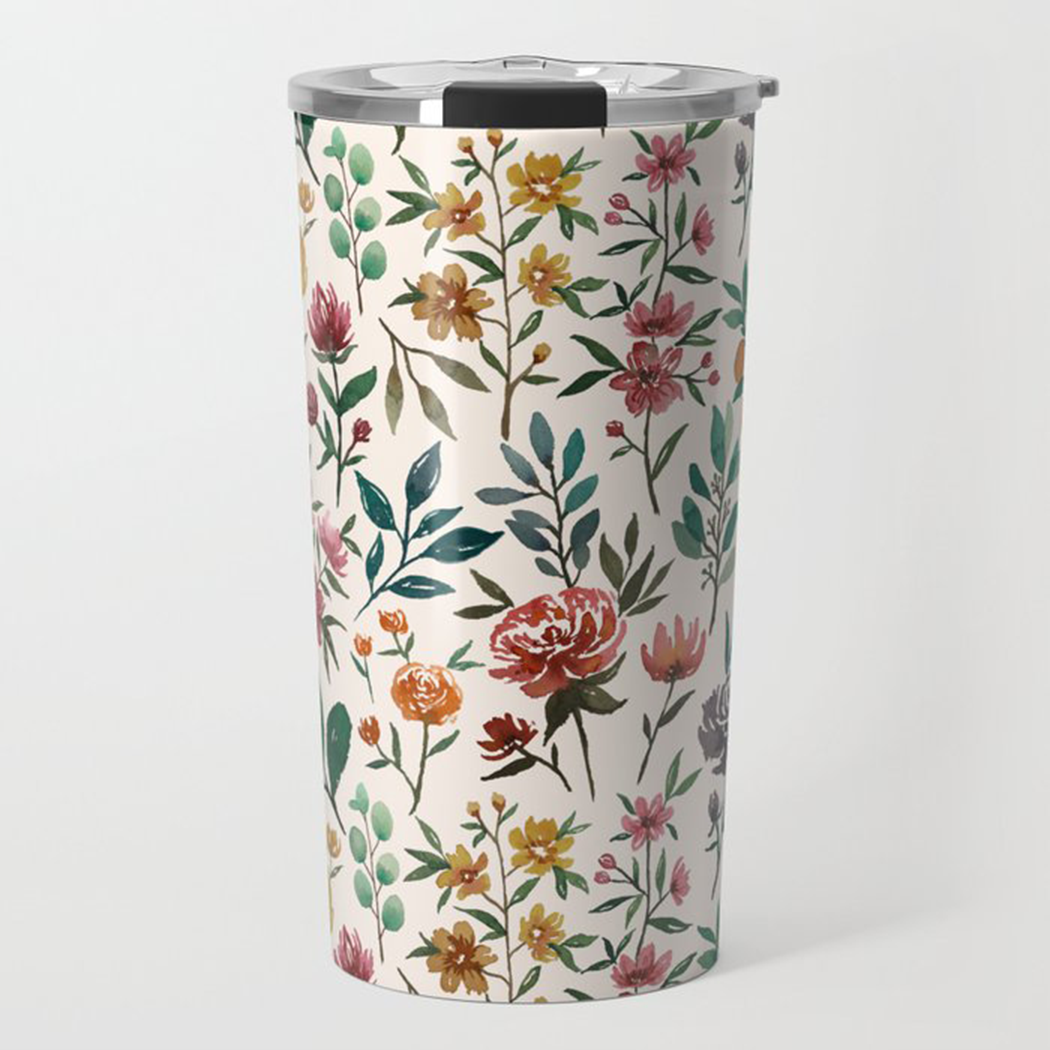 Colorful Watercolor Flowers Travel Mug featuring vibrant floral design on a stainless steel body, perfect for hot and cold beverages.