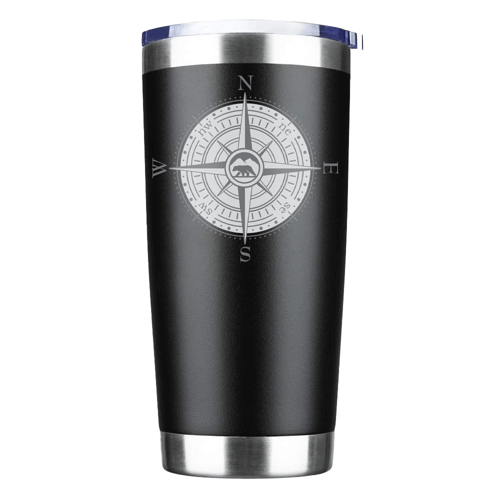 Compass Camping 20oz Insulated Vacuum Sealed Tumbler in stainless steel with a splash-proof lid and UV-printed design.