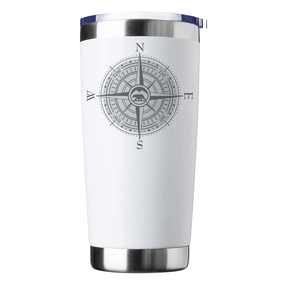 Compass Camping 20oz Insulated Vacuum Sealed Tumbler in stainless steel with a splash-proof lid and UV-printed design.