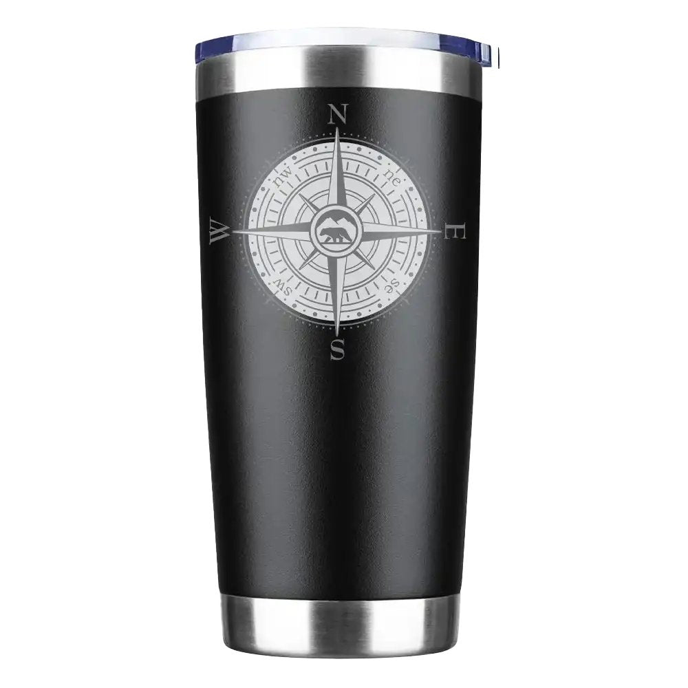 Compass Camping 20oz Insulated Vacuum Sealed Tumbler in stainless steel with a splash-proof lid and UV-printed design.