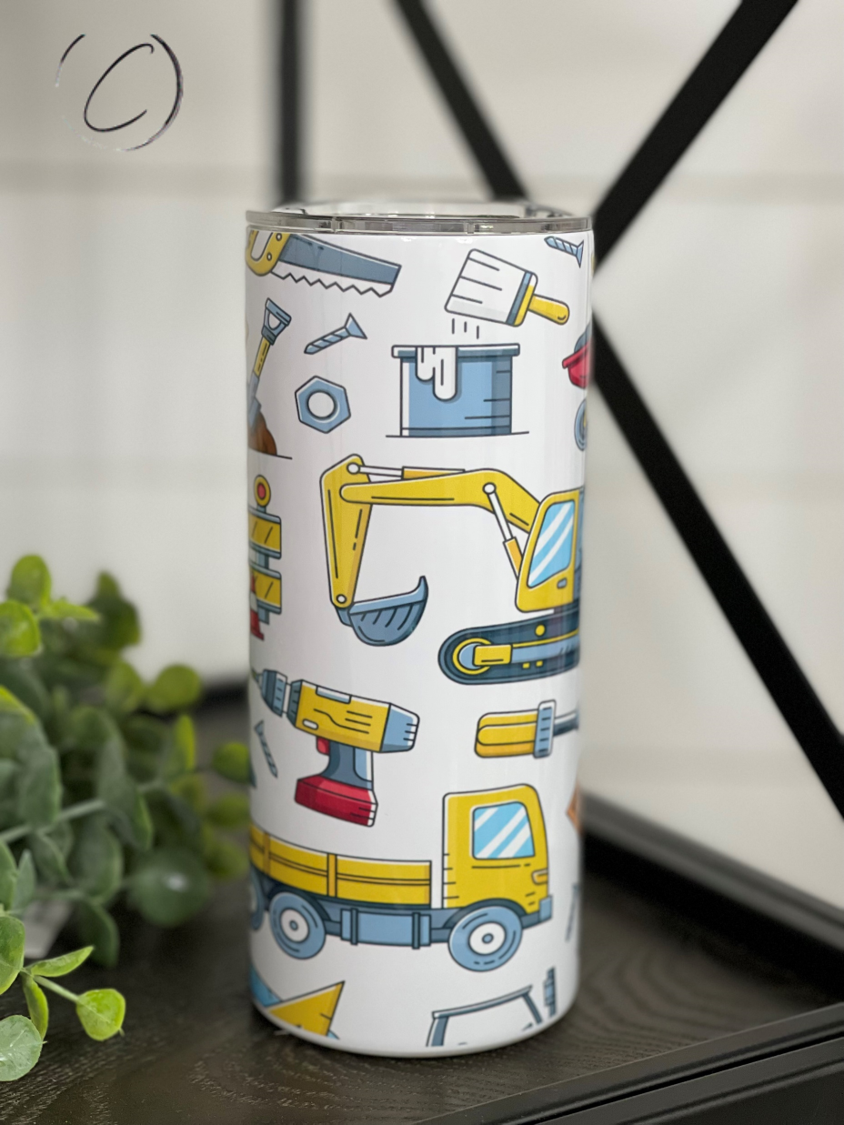 Colorful 15oz Kids Skinny Tumbler with construction theme and reusable straw, designed for durability and fun.