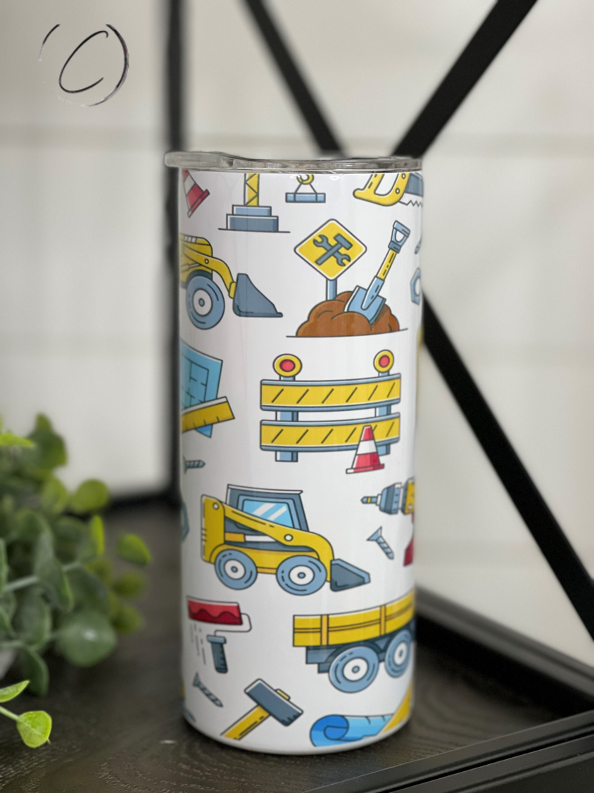 Colorful 15oz Kids Skinny Tumbler with construction theme and reusable straw, designed for durability and fun.