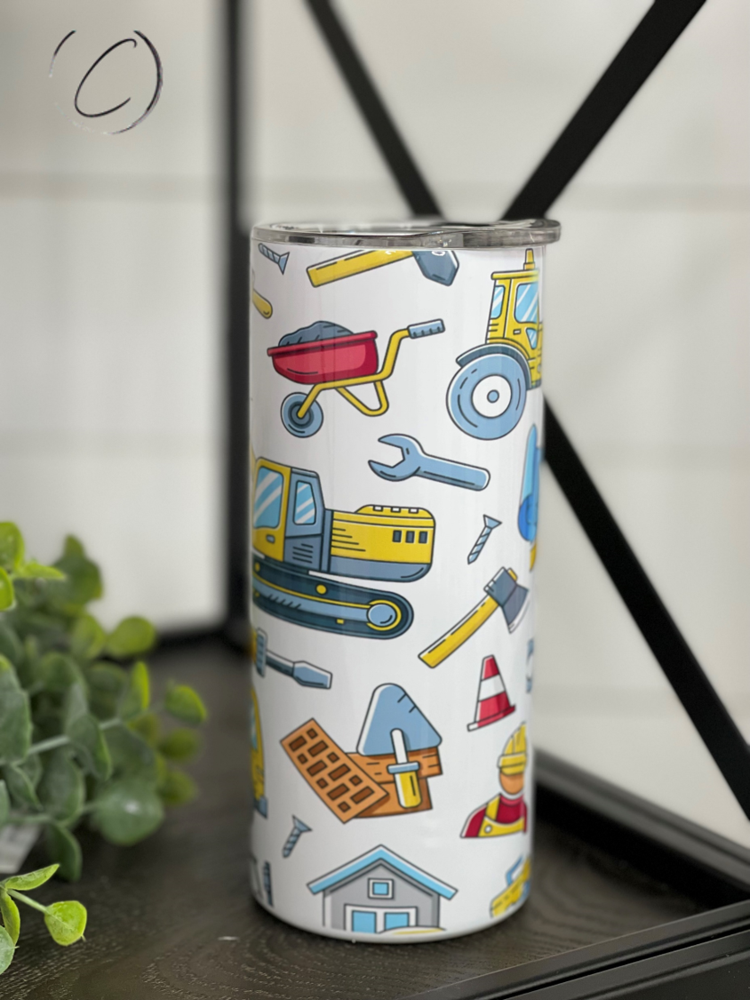 Colorful 15oz Kids Skinny Tumbler with construction theme and reusable straw, designed for durability and fun.