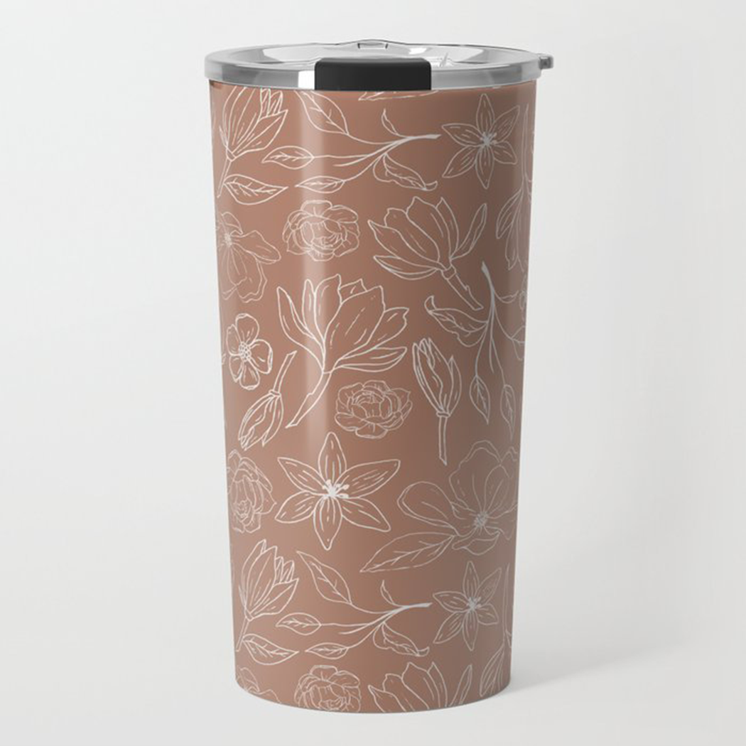 Copper Magnolia Travel Coffee Mug with double-walled stainless steel and vibrant wraparound artwork, perfect for hot or cold beverages.