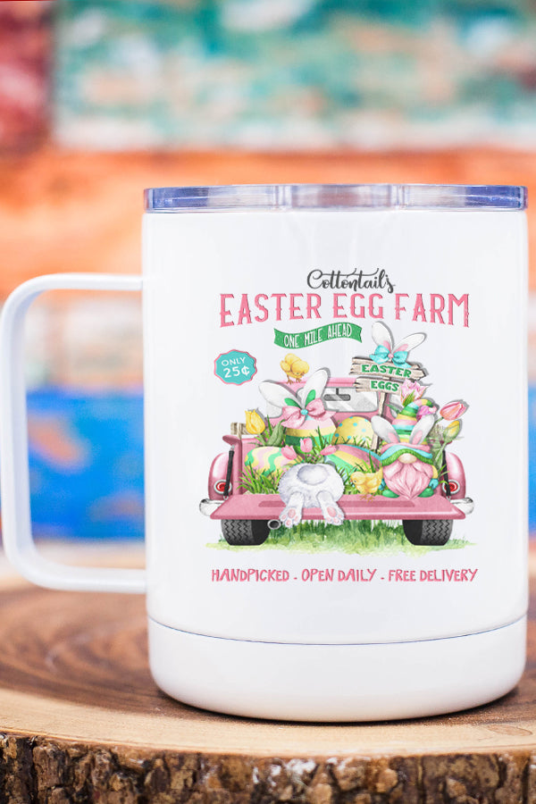 Cottontail's Easter Egg Farm Pink Truck Stainless Steel Coffee Travel Mug with vibrant design and secure lid.