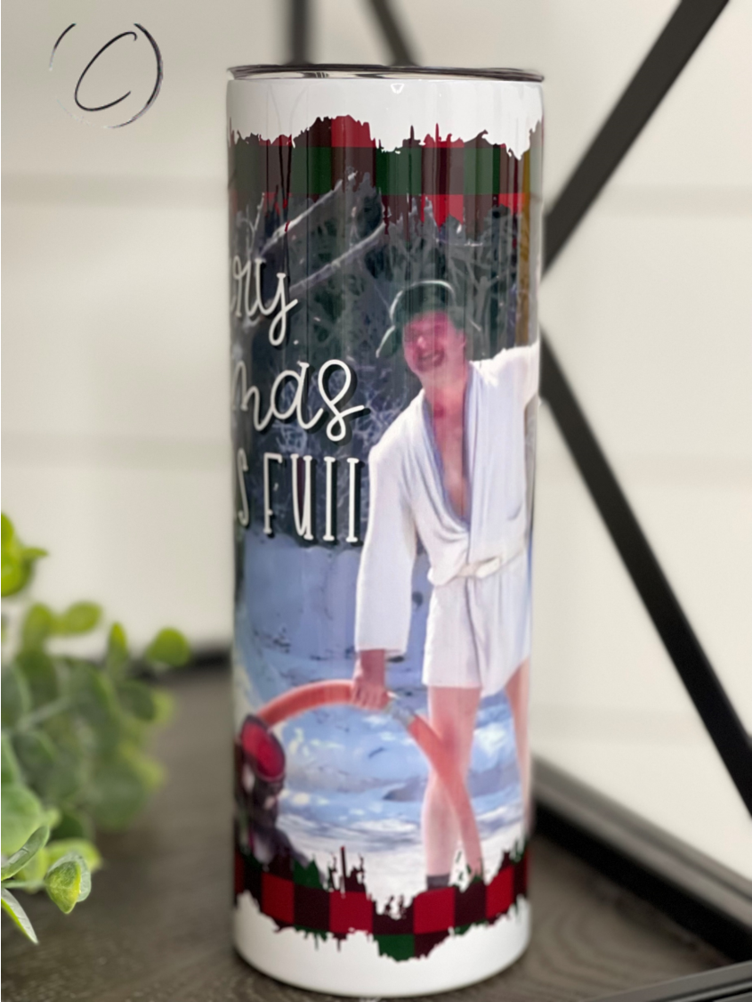 Cousin Eddie 20oz Skinny Tumbler with full wrap design and reusable straw, perfect for hot and cold beverages.