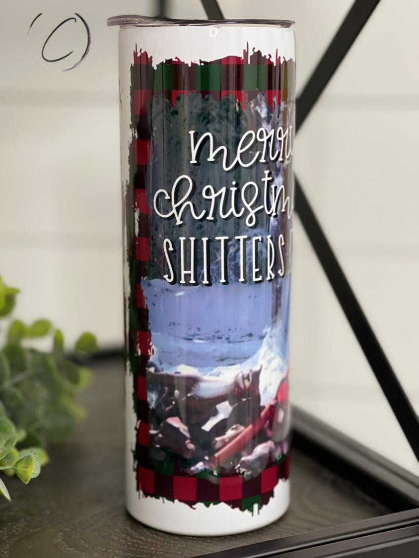 Cousin Eddie 20oz Skinny Tumbler with full wrap design and reusable straw, perfect for hot and cold beverages.