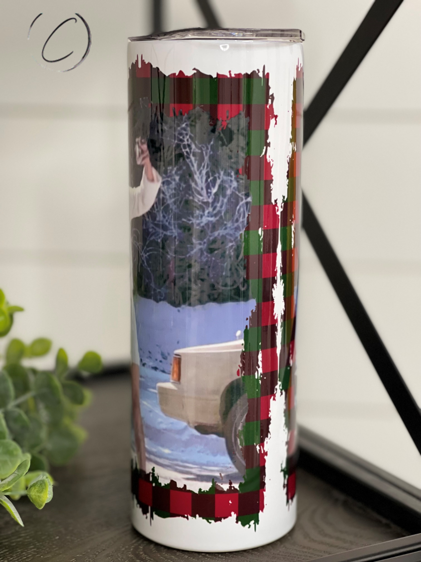 Cousin Eddie 20oz Skinny Tumbler with full wrap design and reusable straw, perfect for hot and cold beverages.