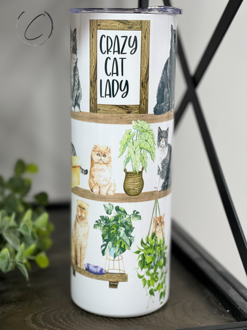 Crazy Cat Lady 20oz Skinny Tumbler featuring a vibrant cat-themed design, complete with a reusable straw.