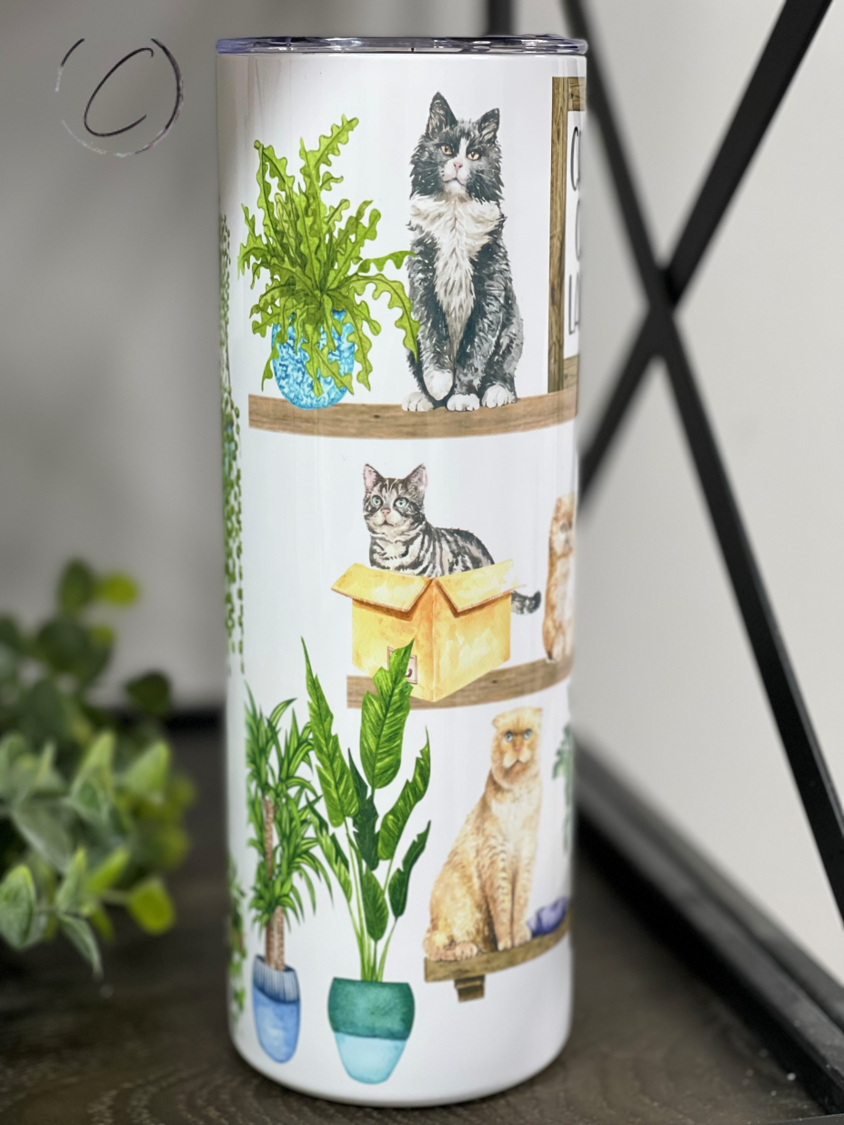 Crazy Cat Lady 20oz Skinny Tumbler featuring a vibrant cat-themed design, complete with a reusable straw.