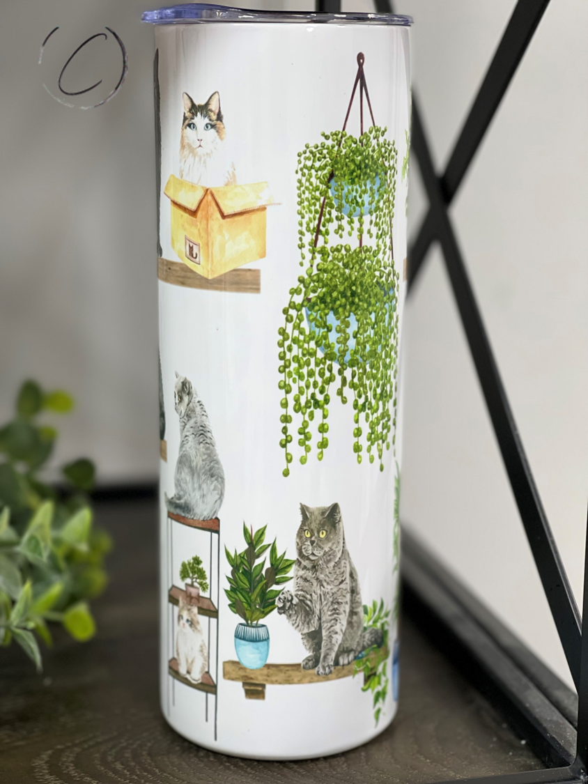 Crazy Cat Lady 20oz Skinny Tumbler featuring a vibrant cat-themed design, complete with a reusable straw.