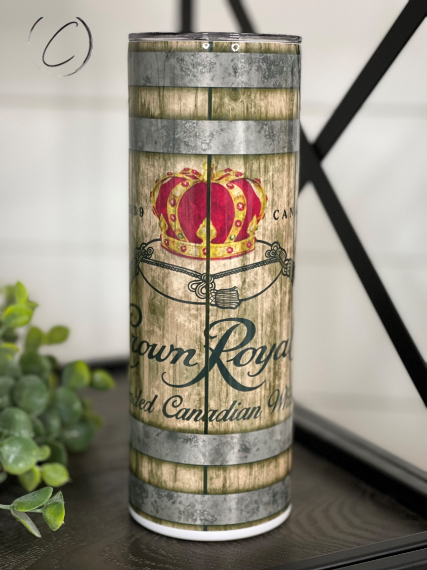 Crown Royal 20oz Skinny Tumbler with full wrap design and reusable straw, perfect for hot and cold beverages.