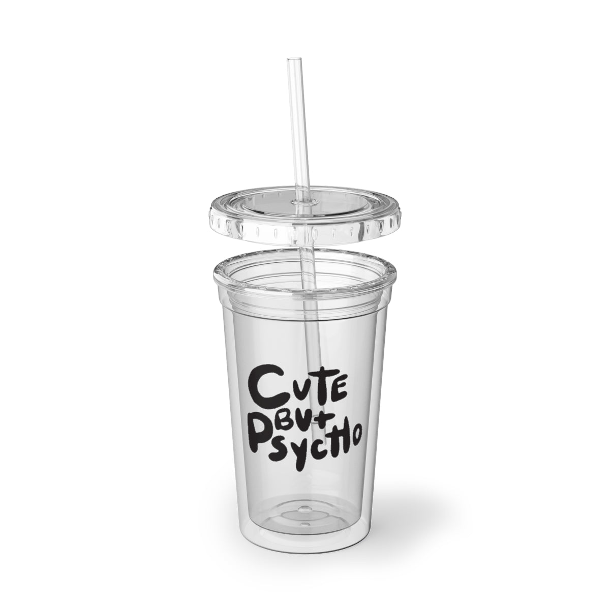 Cute But Psycho Tumbler with double-wall insulation, featuring a stylish design, plastic lid, and straw.