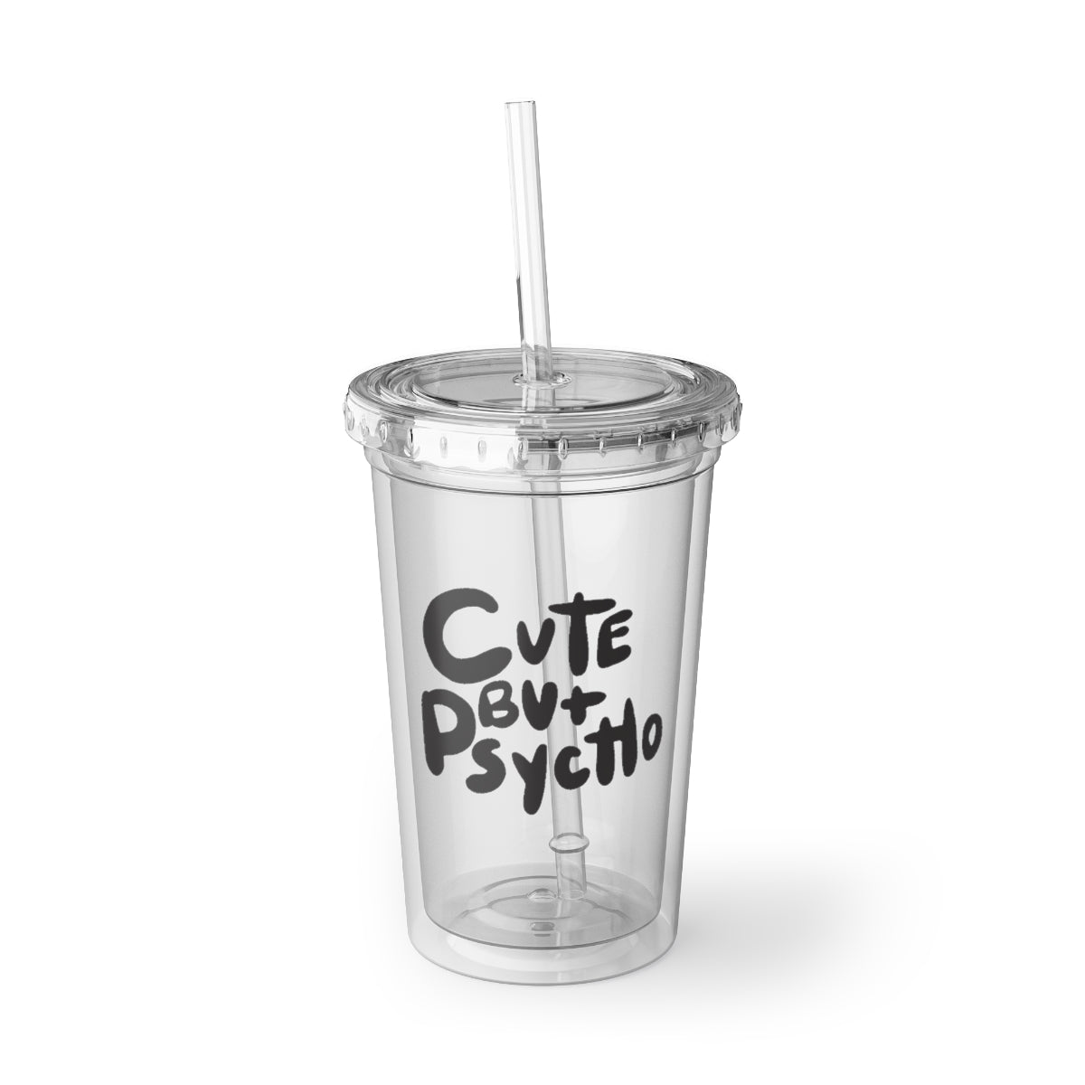 Cute But Psycho Tumbler with double-wall insulation, featuring a stylish design, plastic lid, and straw.