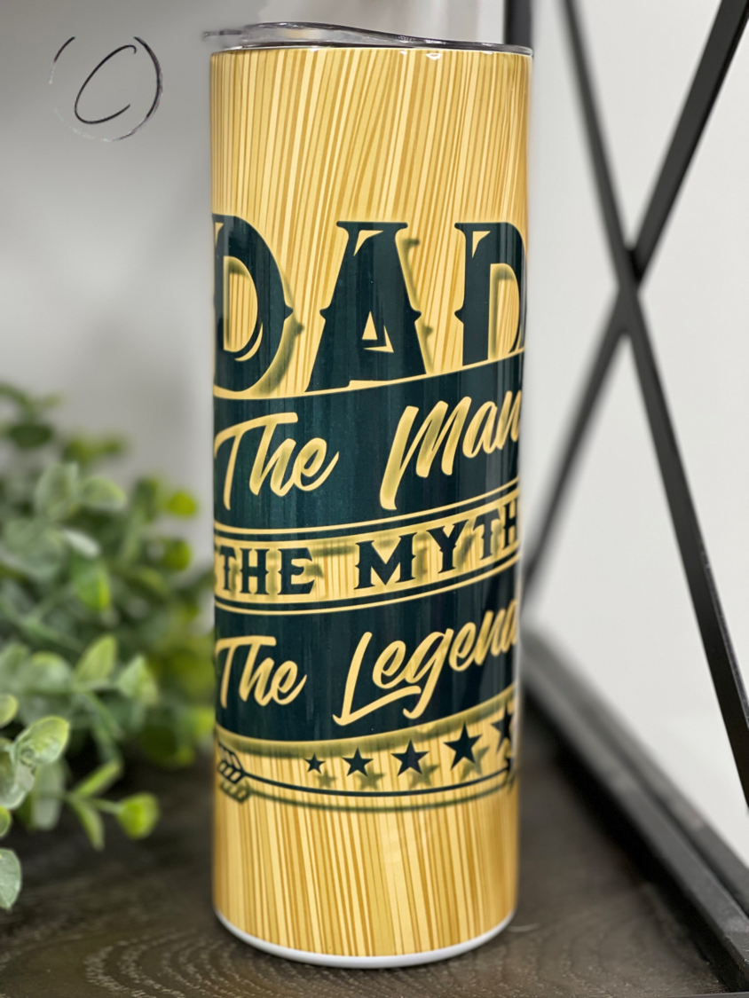 Dad The Man, Myth, Legend 20oz Skinny Tumbler with a full wrap design showcasing a fun and stylish tribute to fathers.