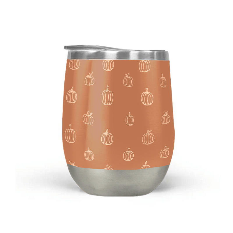 Dark orange pumpkin stemless wine tumbler with double-wall insulation, perfect for outdoor use.